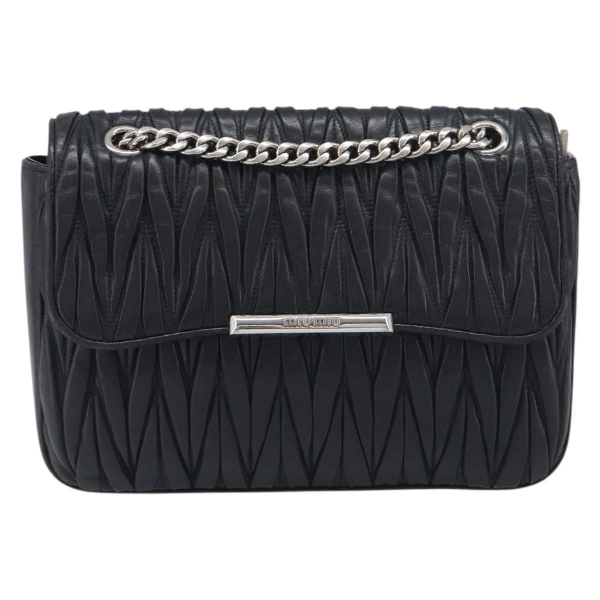 Miu Miu Matelasse Chain Shoulder Bag Leather Black Silver Auth 199113A