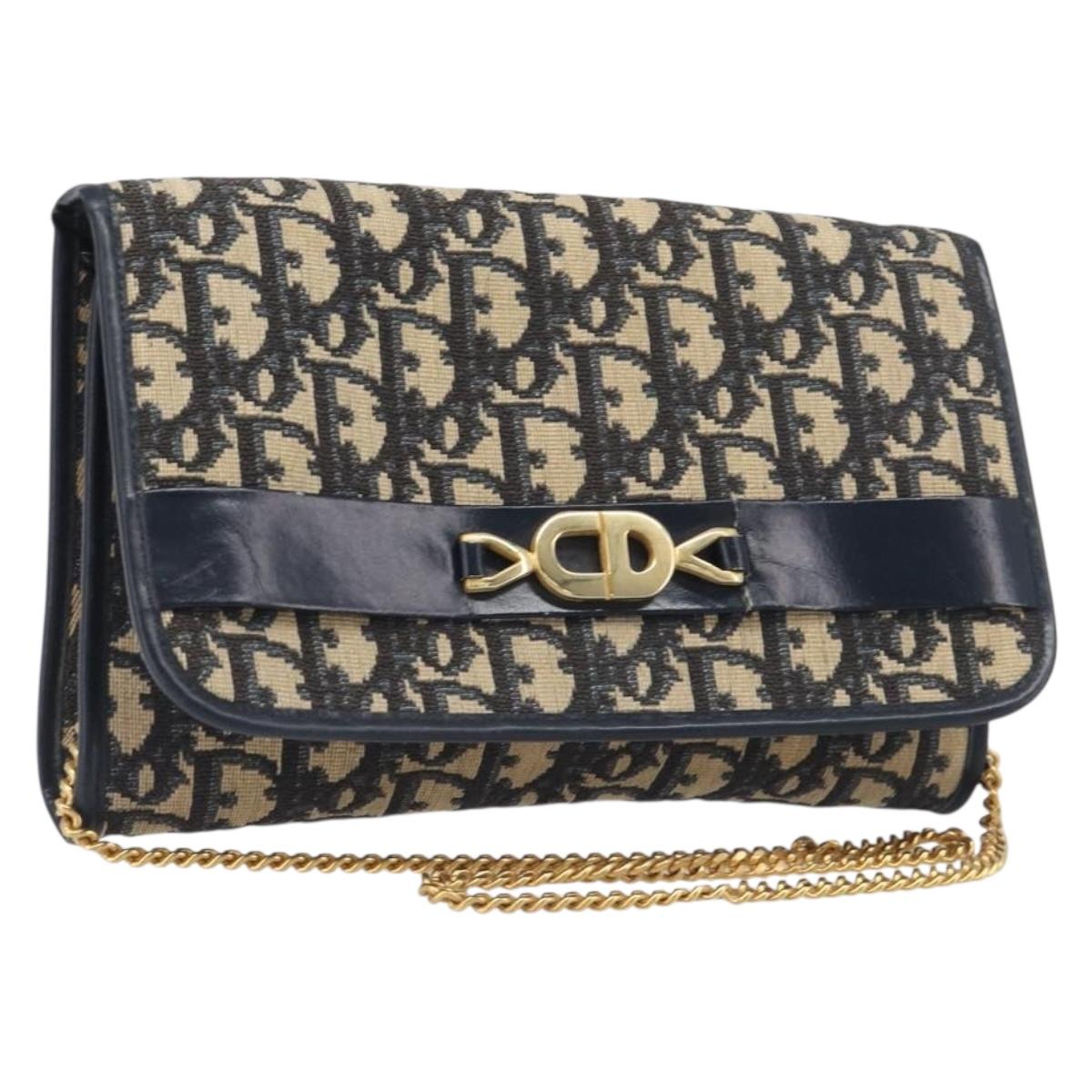 Christian Dior Trotter Canvas Chain Shoulder Bag Navy Gold Auth 199115