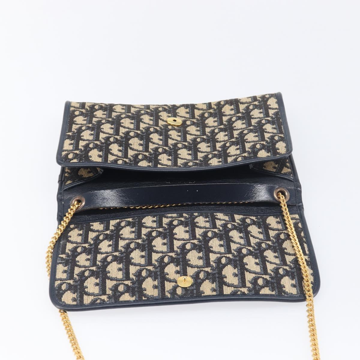 Christian Dior Trotter Canvas Chain Shoulder Bag Navy Gold Auth 199115