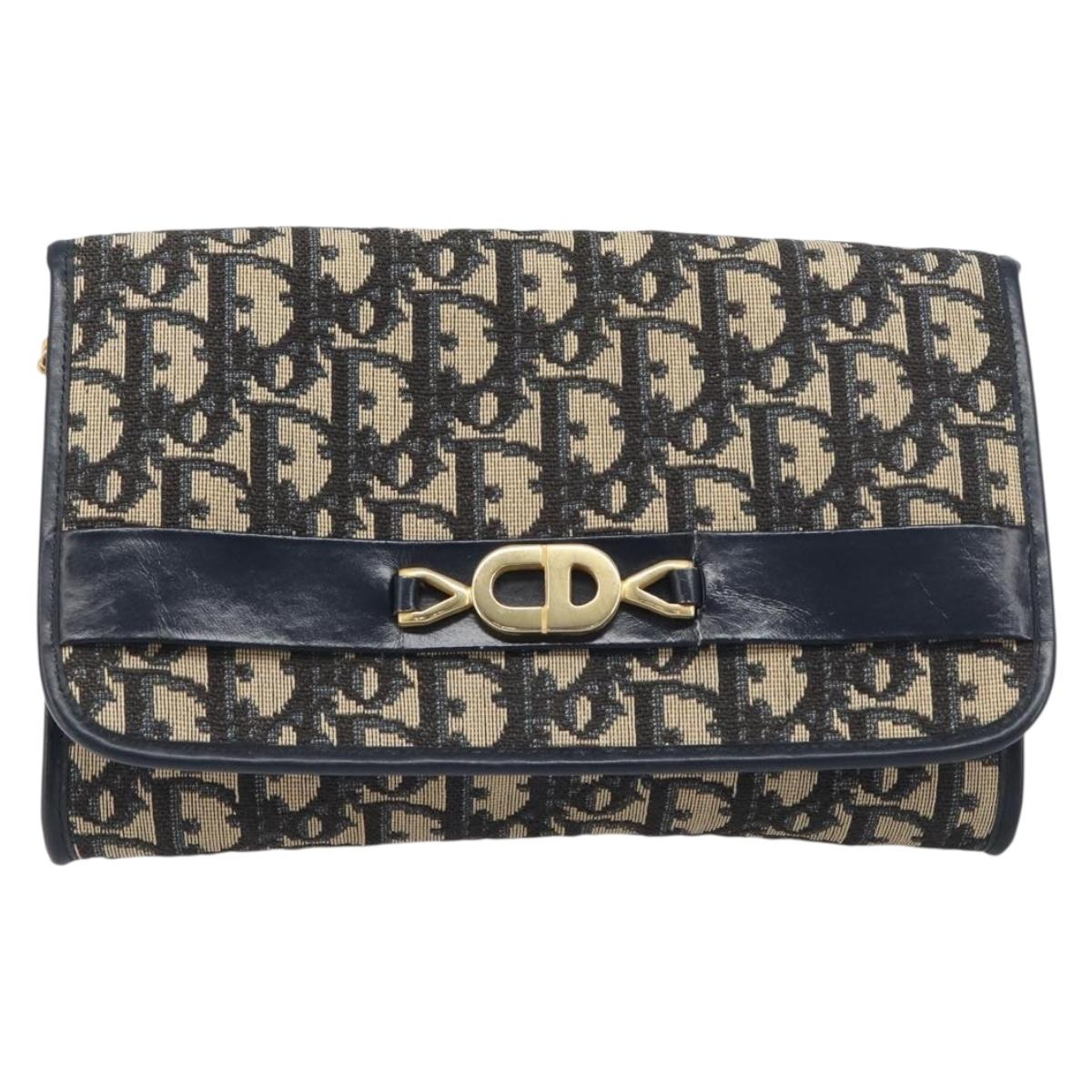 Christian Dior Trotter Canvas Chain Shoulder Bag Navy Gold Auth 199115