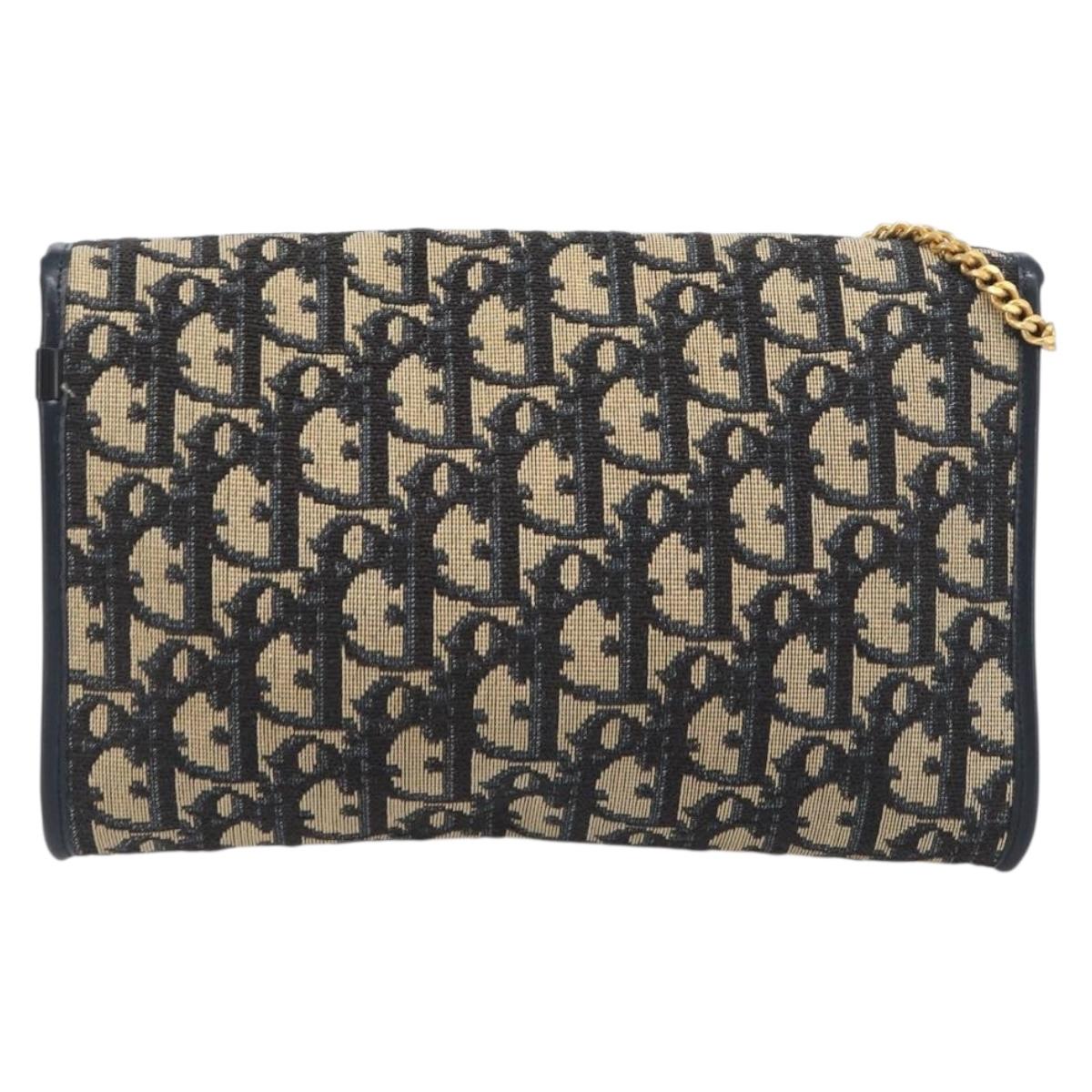Christian Dior Trotter Canvas Chain Shoulder Bag Navy Gold Auth 199115