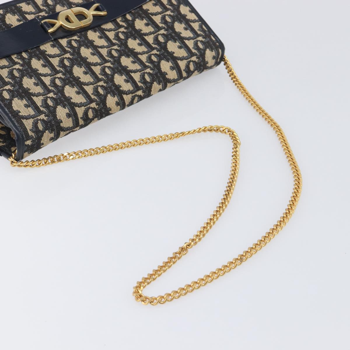Christian Dior Trotter Canvas Chain Shoulder Bag Navy Gold Auth 199115