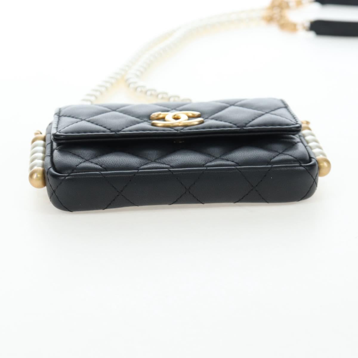 CHANEL Matelasse Pearl Chain Shoulder Bag Lamb Skin Black Gold CC Auth 199117M