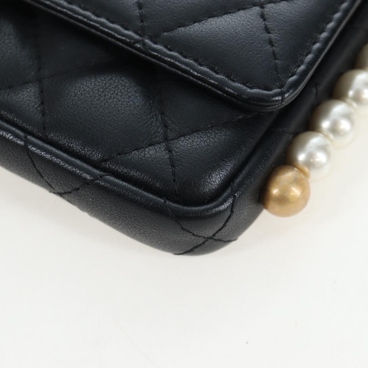 CHANEL Matelasse Pearl Chain Shoulder Bag Lamb Skin Black Gold CC Auth 199117M
