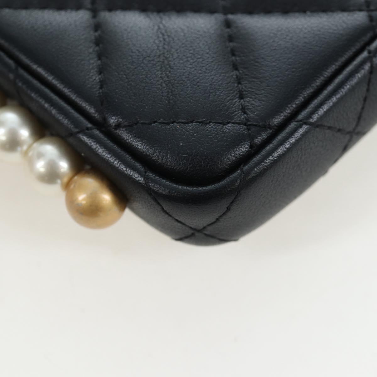 CHANEL Matelasse Pearl Chain Shoulder Bag Lamb Skin Black Gold CC Auth 199117M
