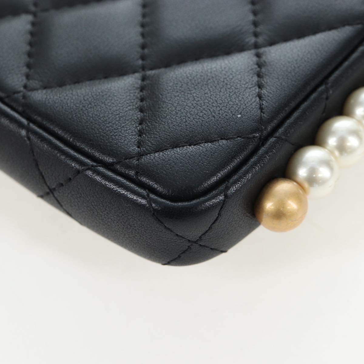 CHANEL Matelasse Pearl Chain Shoulder Bag Lamb Skin Black Gold CC Auth 199117M