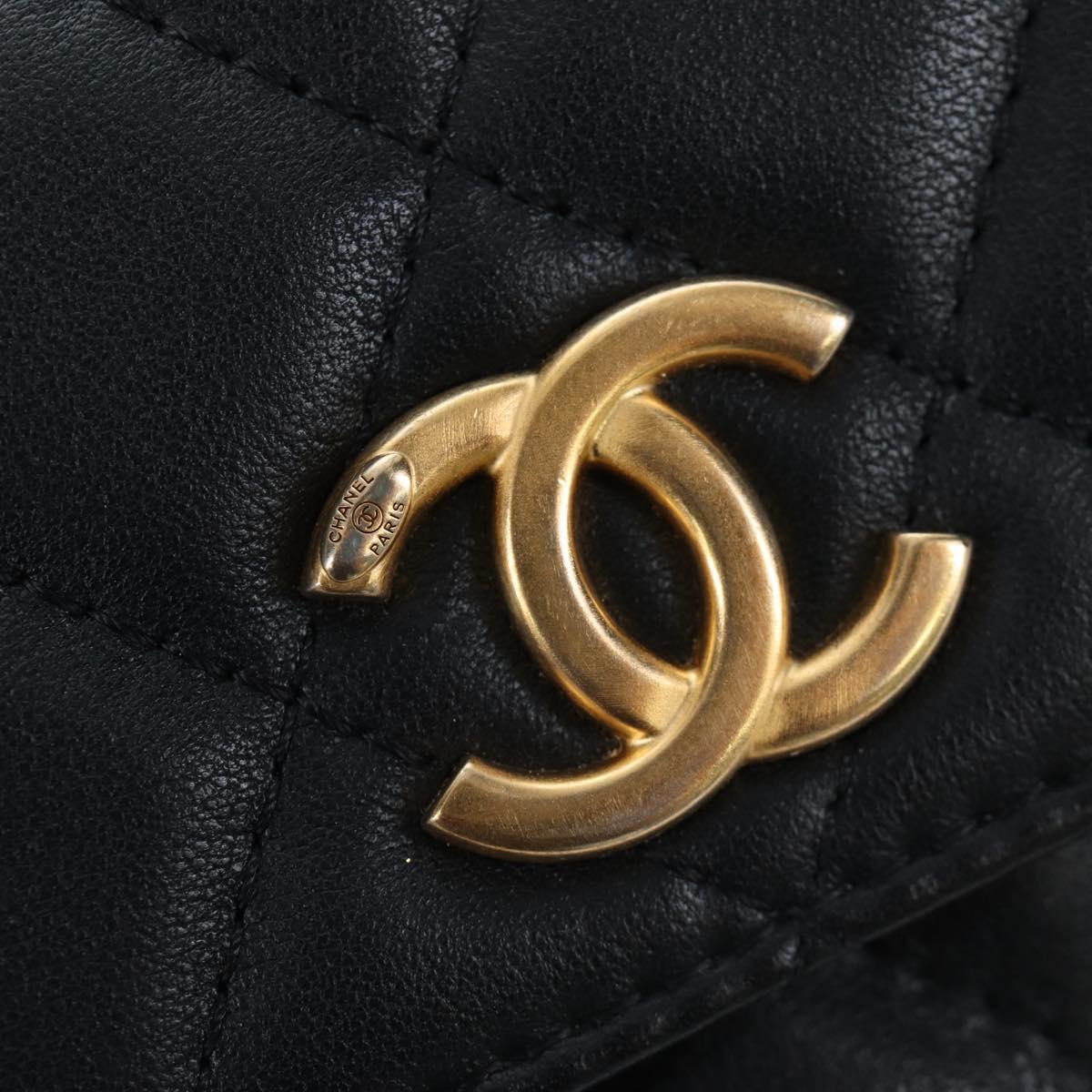 CHANEL Matelasse Pearl Chain Shoulder Bag Lamb Skin Black Gold CC Auth 199117M