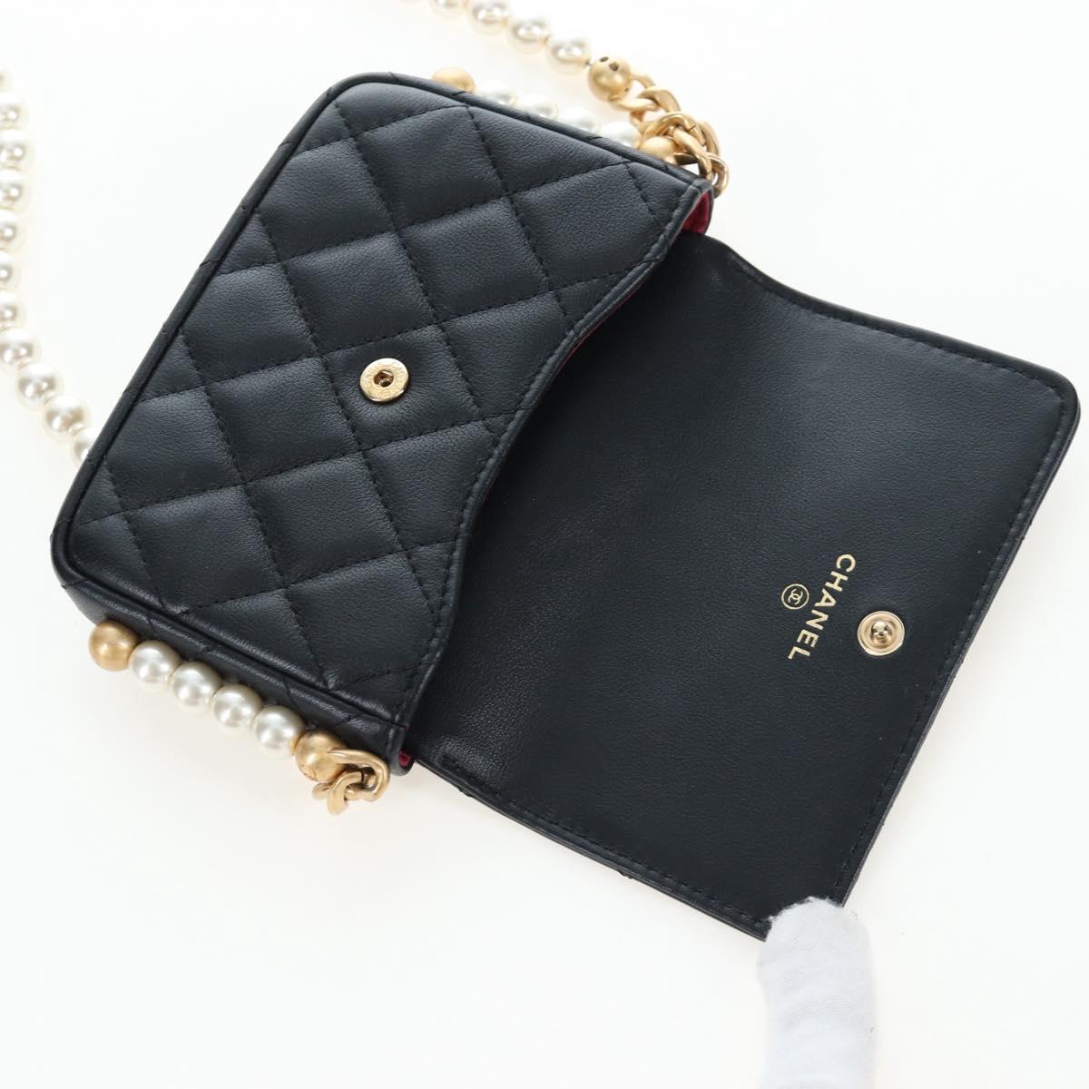 CHANEL Matelasse Pearl Chain Shoulder Bag Lamb Skin Black Gold CC Auth 199117M