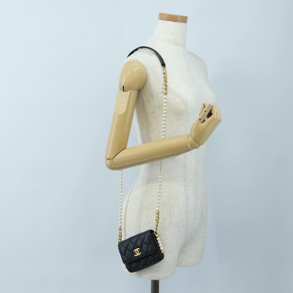 CHANEL Matelasse Pearl Chain Shoulder Bag Lamb Skin Black Gold CC Auth 199117M