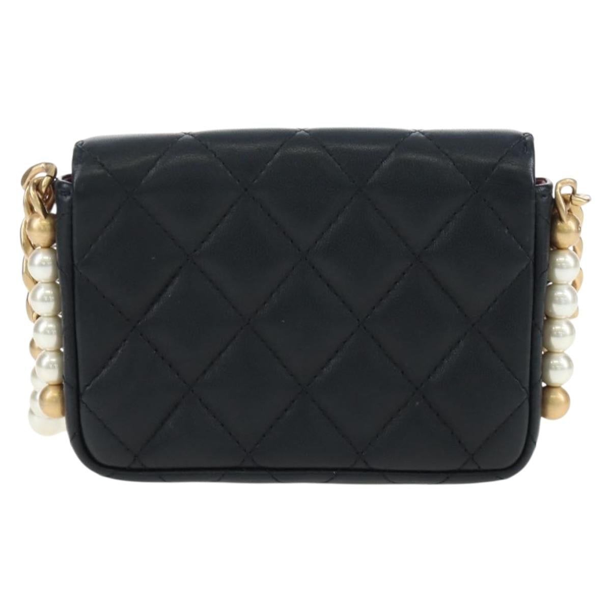CHANEL Matelasse Pearl Chain Shoulder Bag Lamb Skin Black Gold CC Auth 199117M