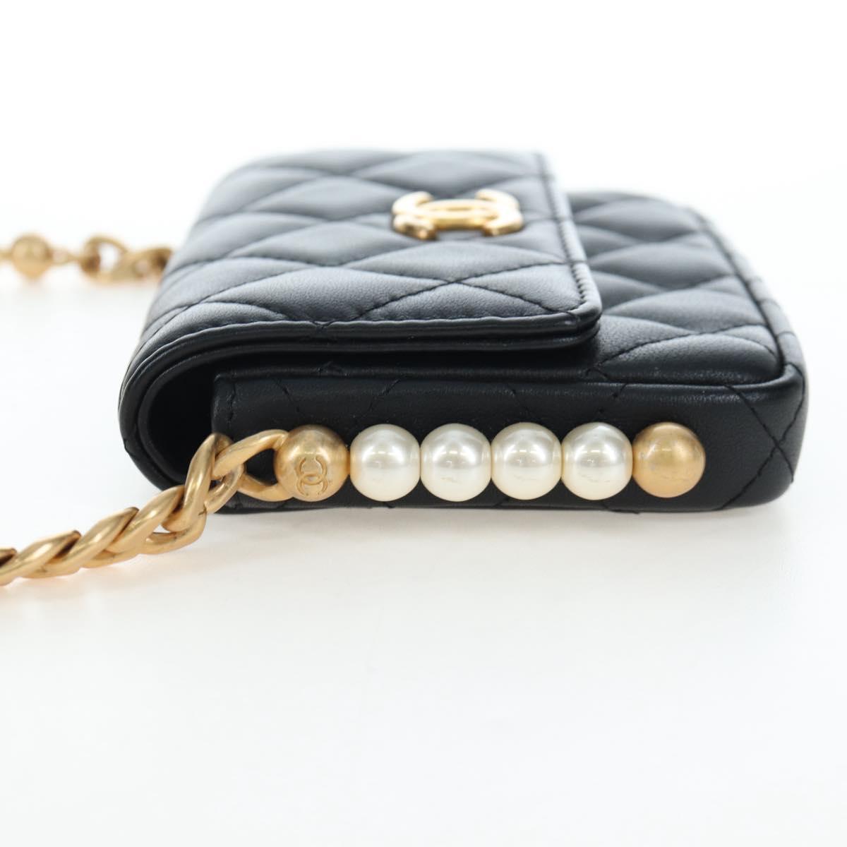 CHANEL Matelasse Pearl Chain Shoulder Bag Lamb Skin Black Gold CC Auth 199117M