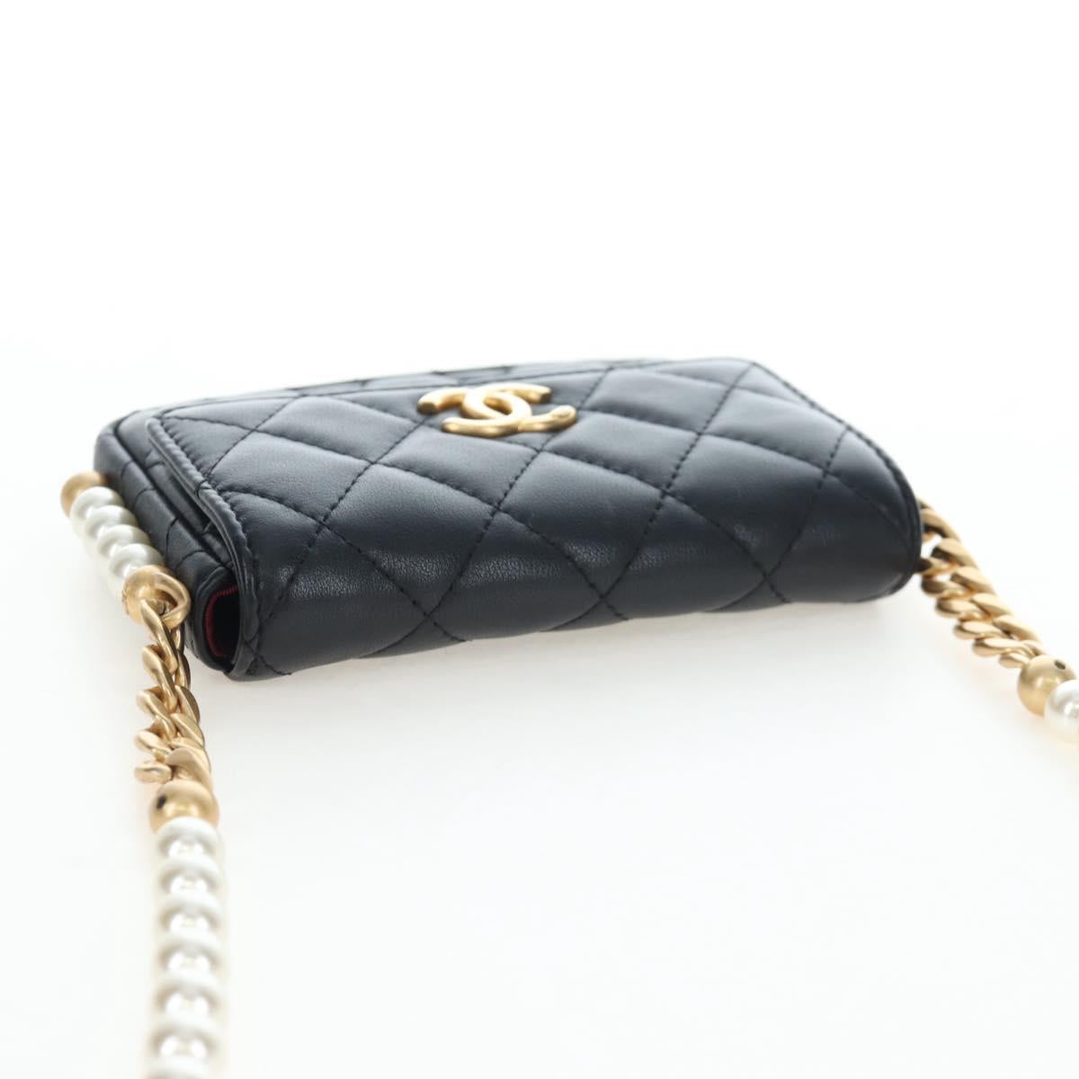CHANEL Matelasse Pearl Chain Shoulder Bag Lamb Skin Black Gold CC Auth 199117M