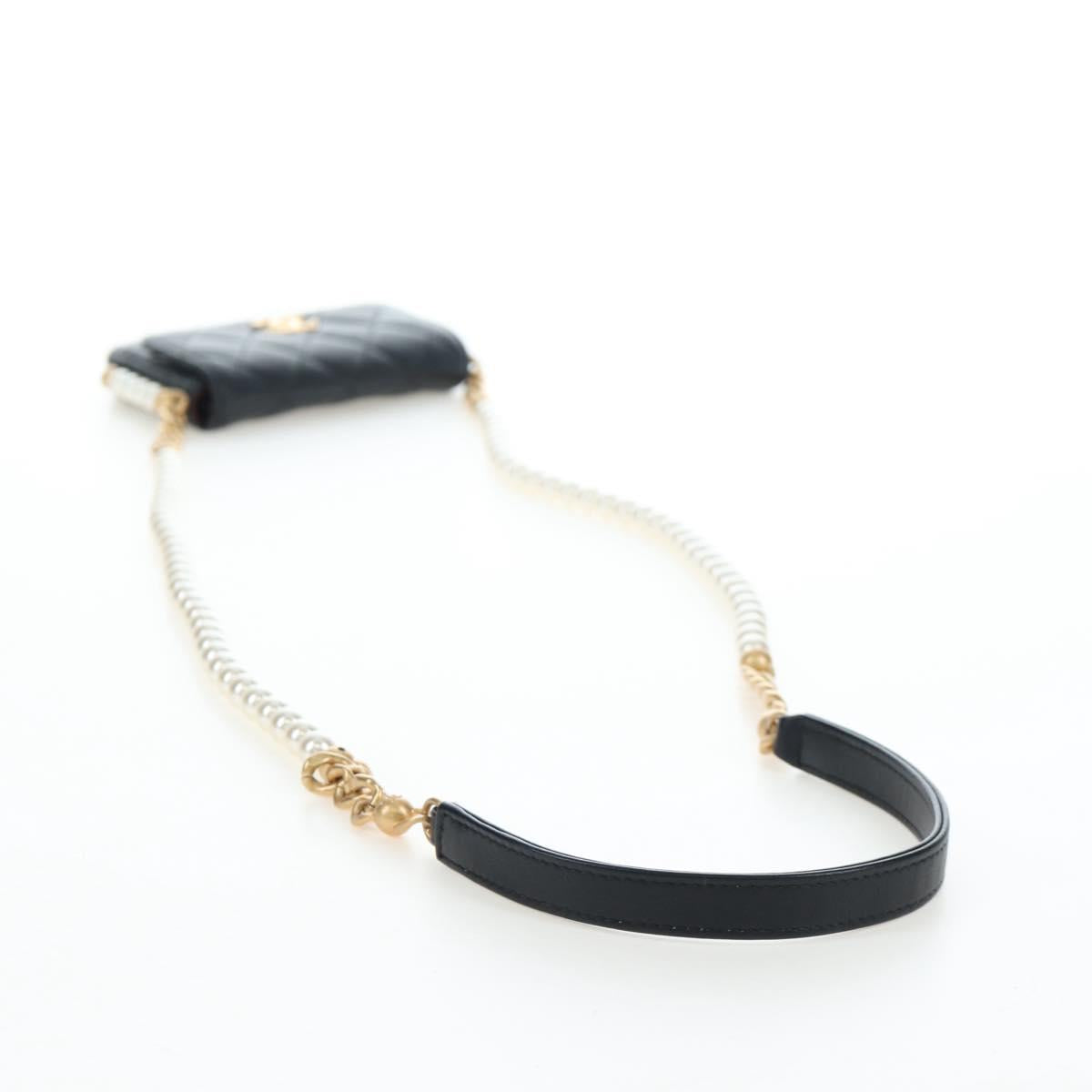 CHANEL Matelasse Pearl Chain Shoulder Bag Lamb Skin Black Gold CC Auth 199117M