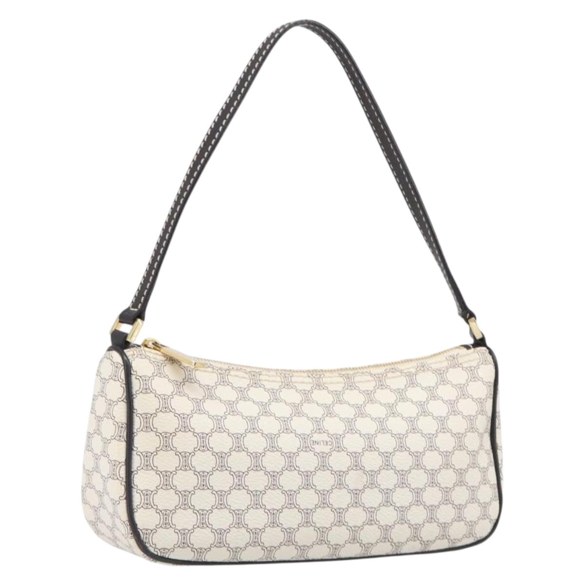 CELINE Macadam Canvas Accessory Pouch PVC Leather White Gold Auth 199119A