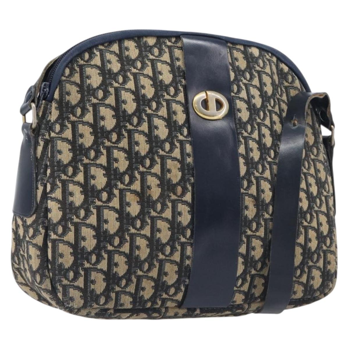 Christian Dior Trotter Canvas Shoulder Bag Navy Gold Auth 199128