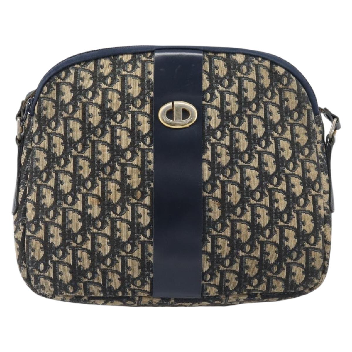 Christian Dior Trotter Canvas Shoulder Bag Navy Gold Auth 199128