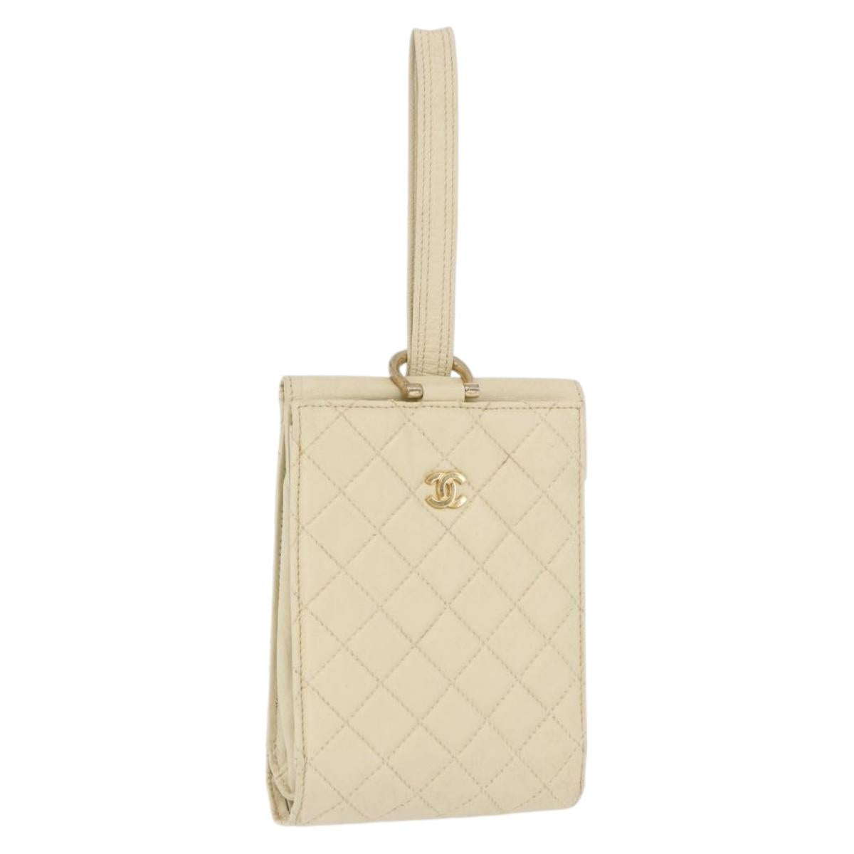 CHANEL Multi Case Matelasse Pouch Leather Ivory Gold CC Auth 199133