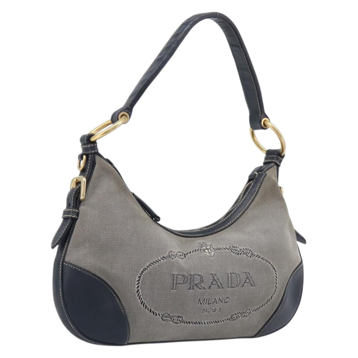 PRADA Jacquard Shoulder Bag Canvas Navy Gold Auth 199138V