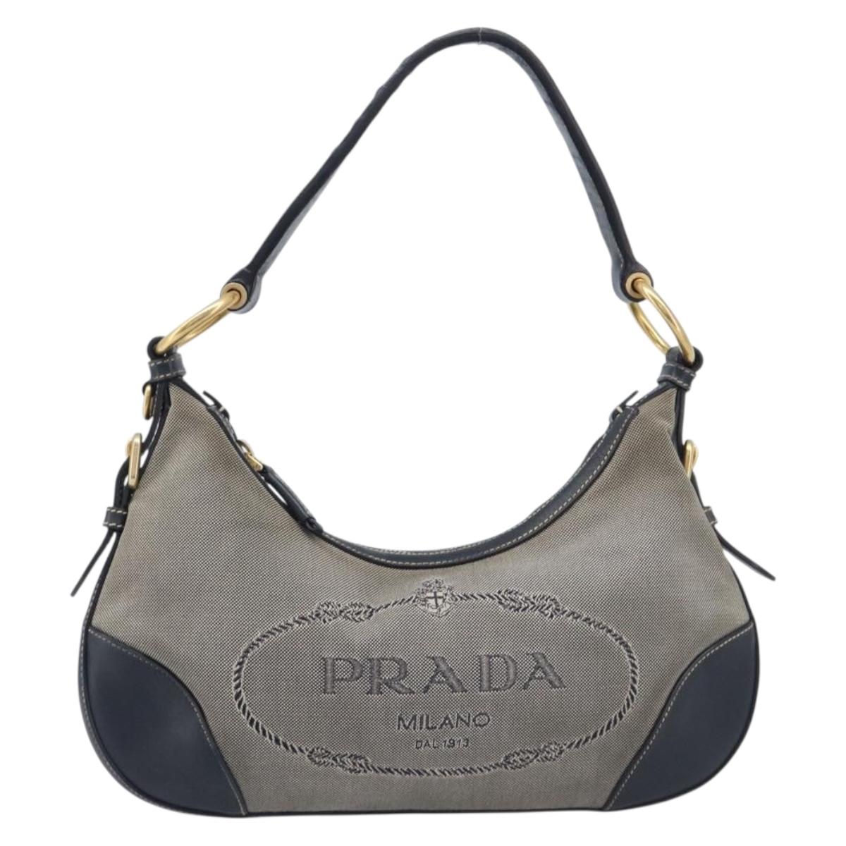 PRADA Jacquard Shoulder Bag Canvas Navy Gold Auth 199138V