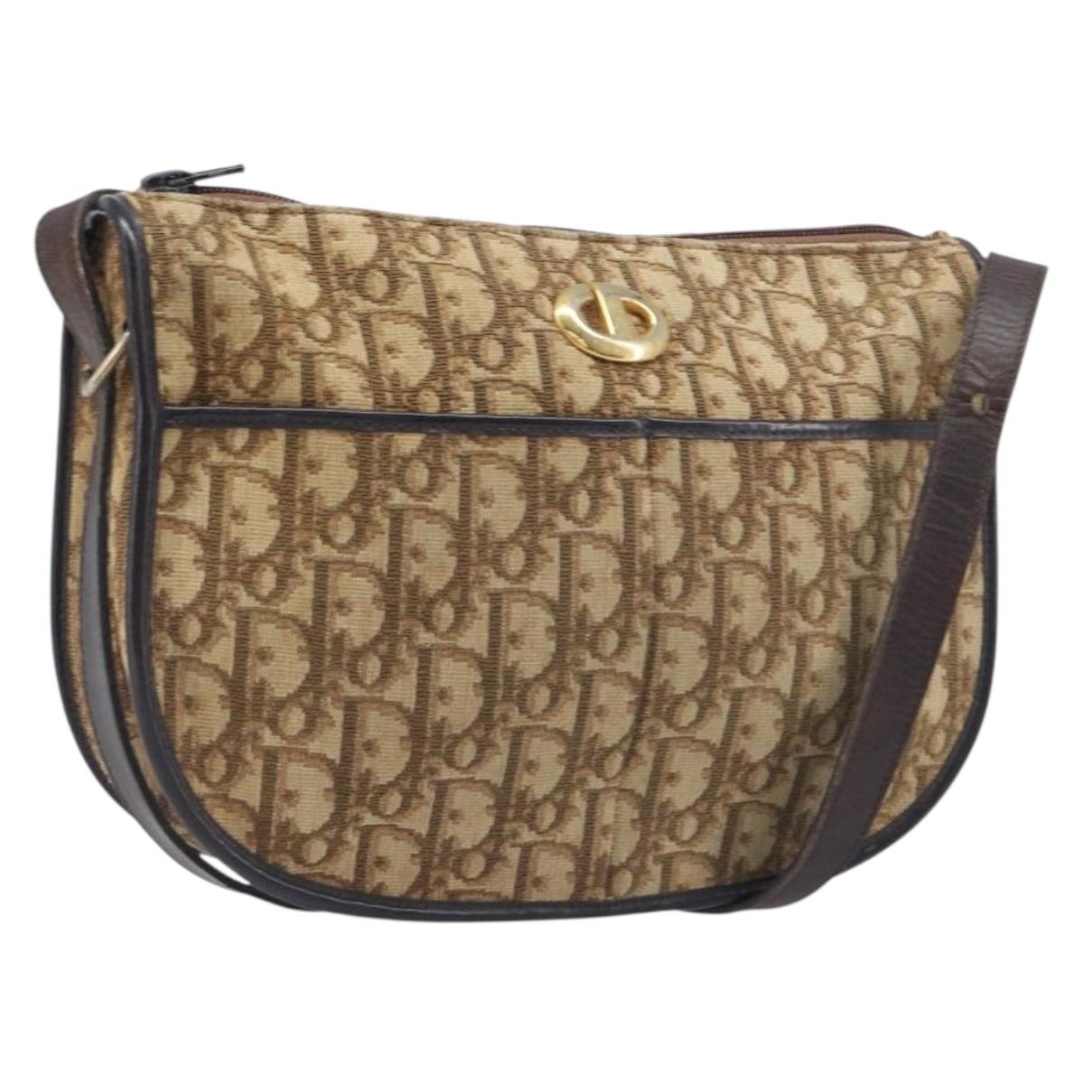Christian Dior Trotter Canvas Shoulder Bag Beige Gold Auth 199140