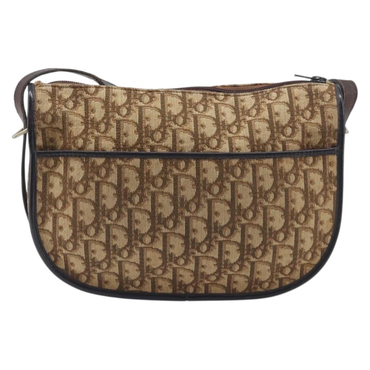 Christian Dior Trotter Canvas Shoulder Bag Beige Gold Auth 199140