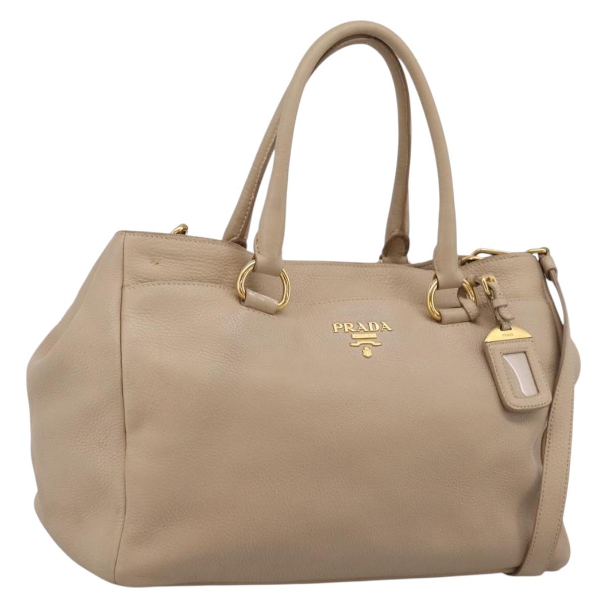 PRADA Hand Bag Vittero Dino Leather 2way Beige Gold Auth 199142V