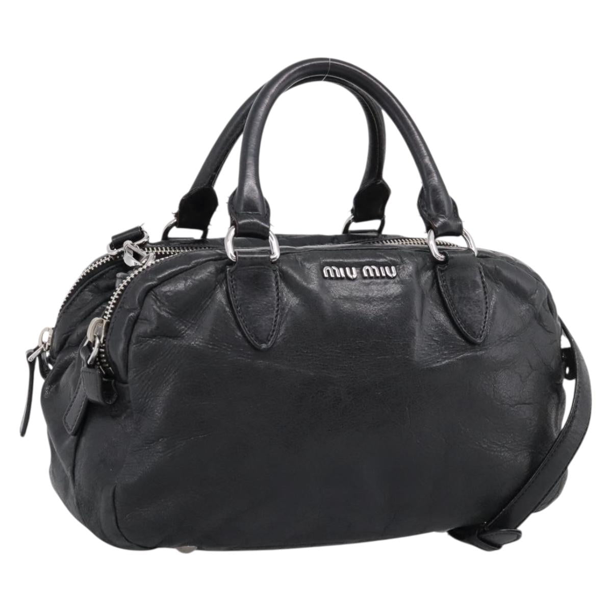 Miu Miu Hand Bag Vitellolux 2way Black Silver Auth 199144A