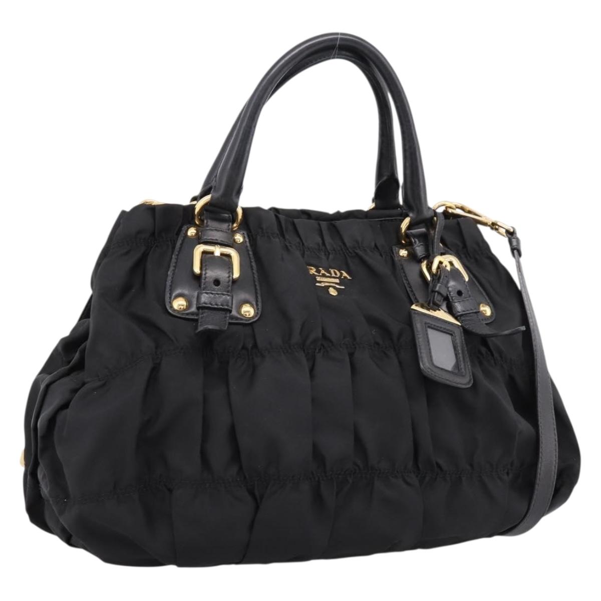 PRADA Gathered Hand Bag Nylon 2way Black Gold Auth 199147V