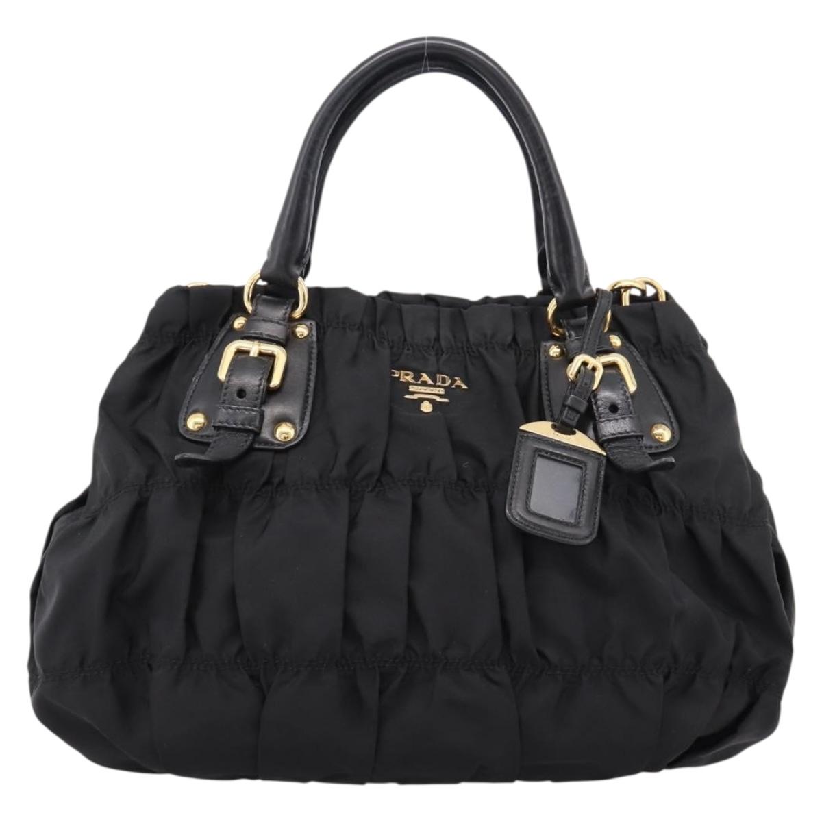 PRADA Gathered Hand Bag Nylon 2way Black Gold Auth 199147V