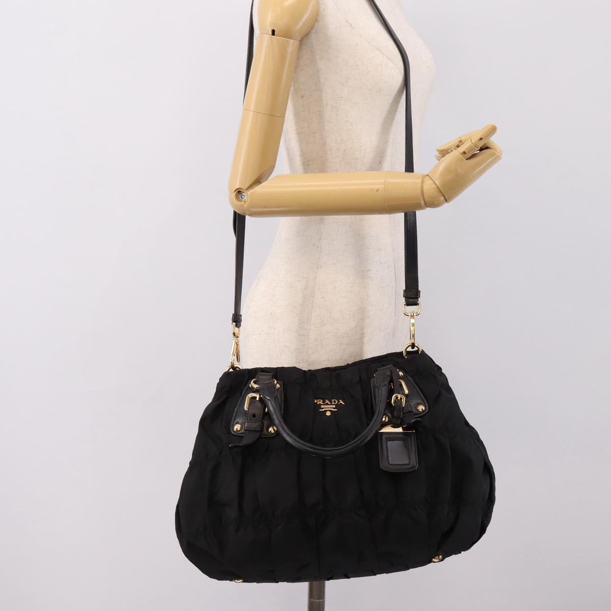 PRADA Gathered Hand Bag Nylon 2way Black Gold Auth 199147V