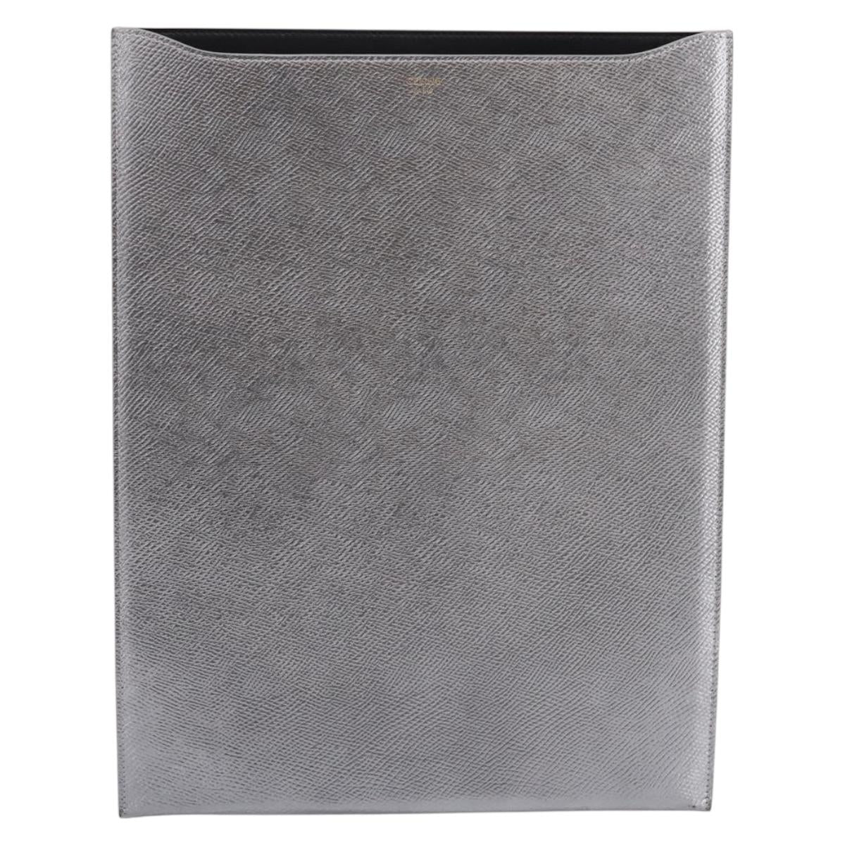CELINE iPad Case Leather Silver Auth 199148