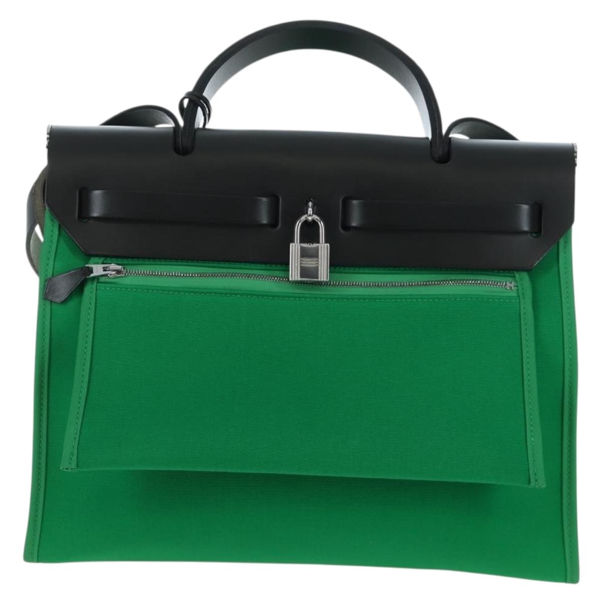 HERMES Air Zip PM Hand Bag Canvas 2way Green Silver Auth 199157SM