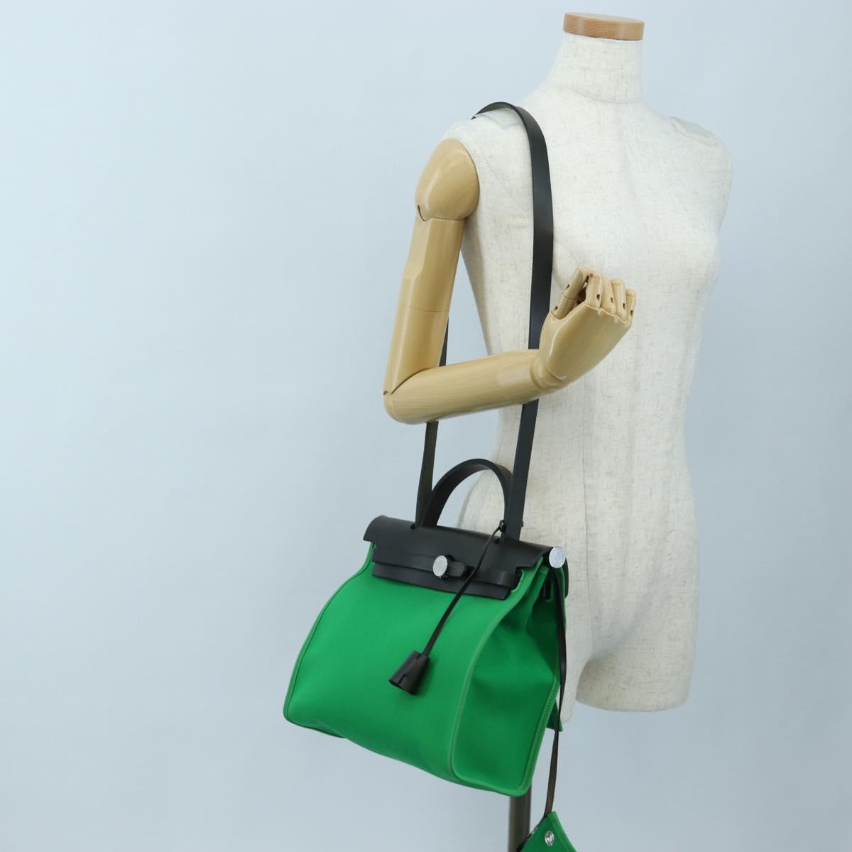 HERMES Air Zip PM Hand Bag Canvas 2way Green Silver Auth 199157SM