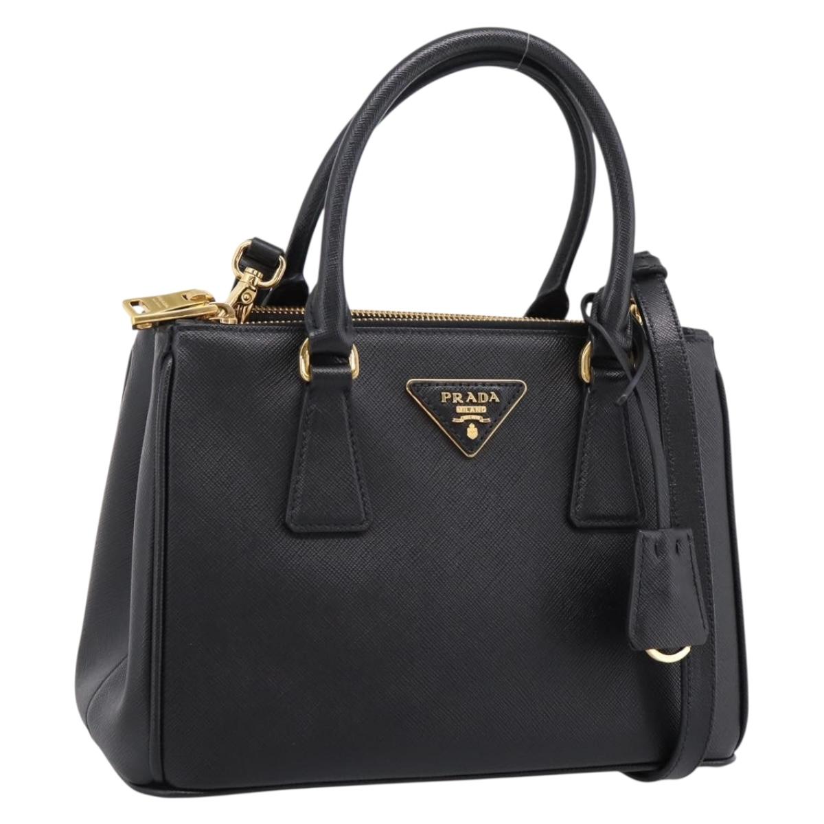 PRADA Hand Bag Saffiano 2way Black Gold Tone Auth 199176M