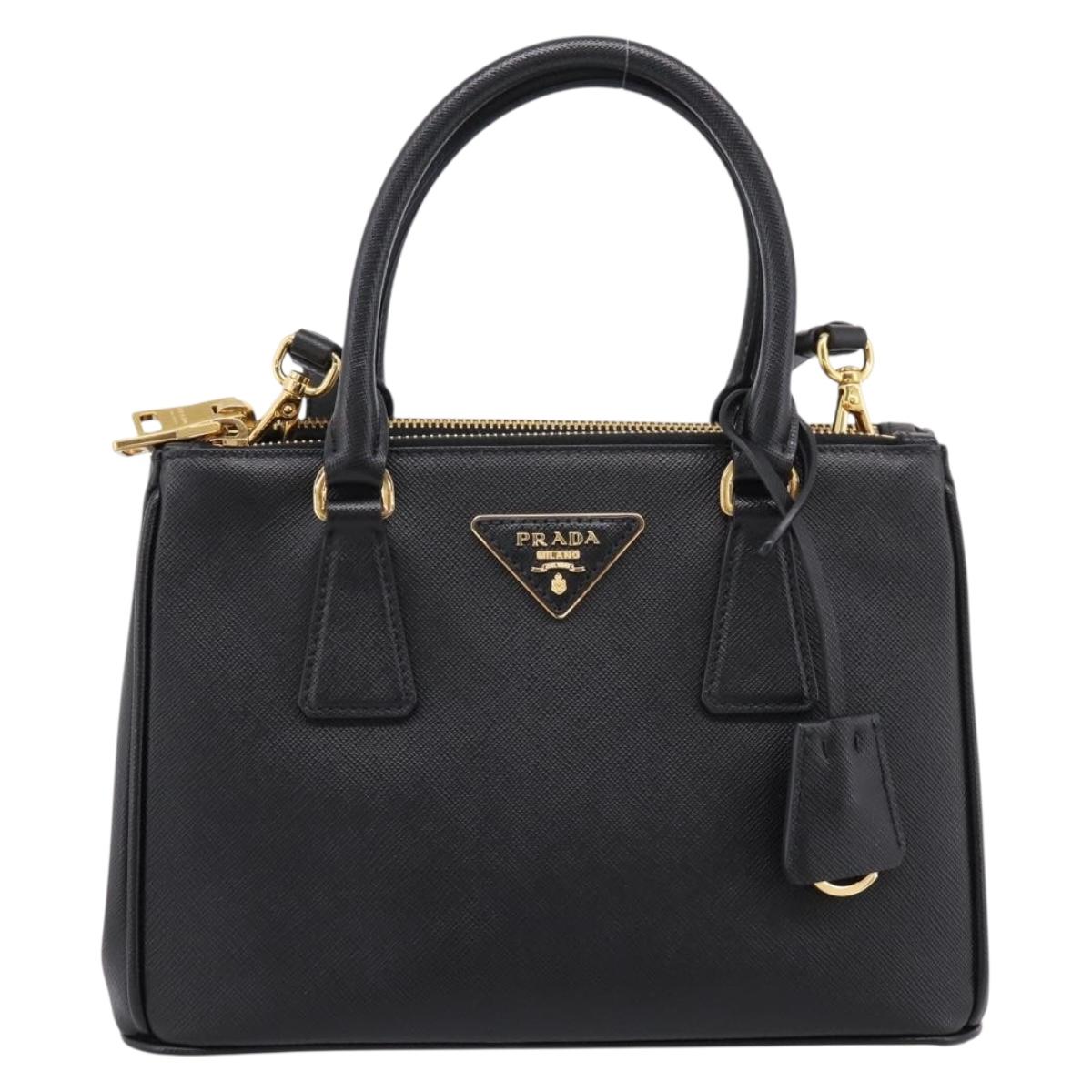 PRADA Hand Bag Saffiano 2way Black Gold Tone Auth 199176M