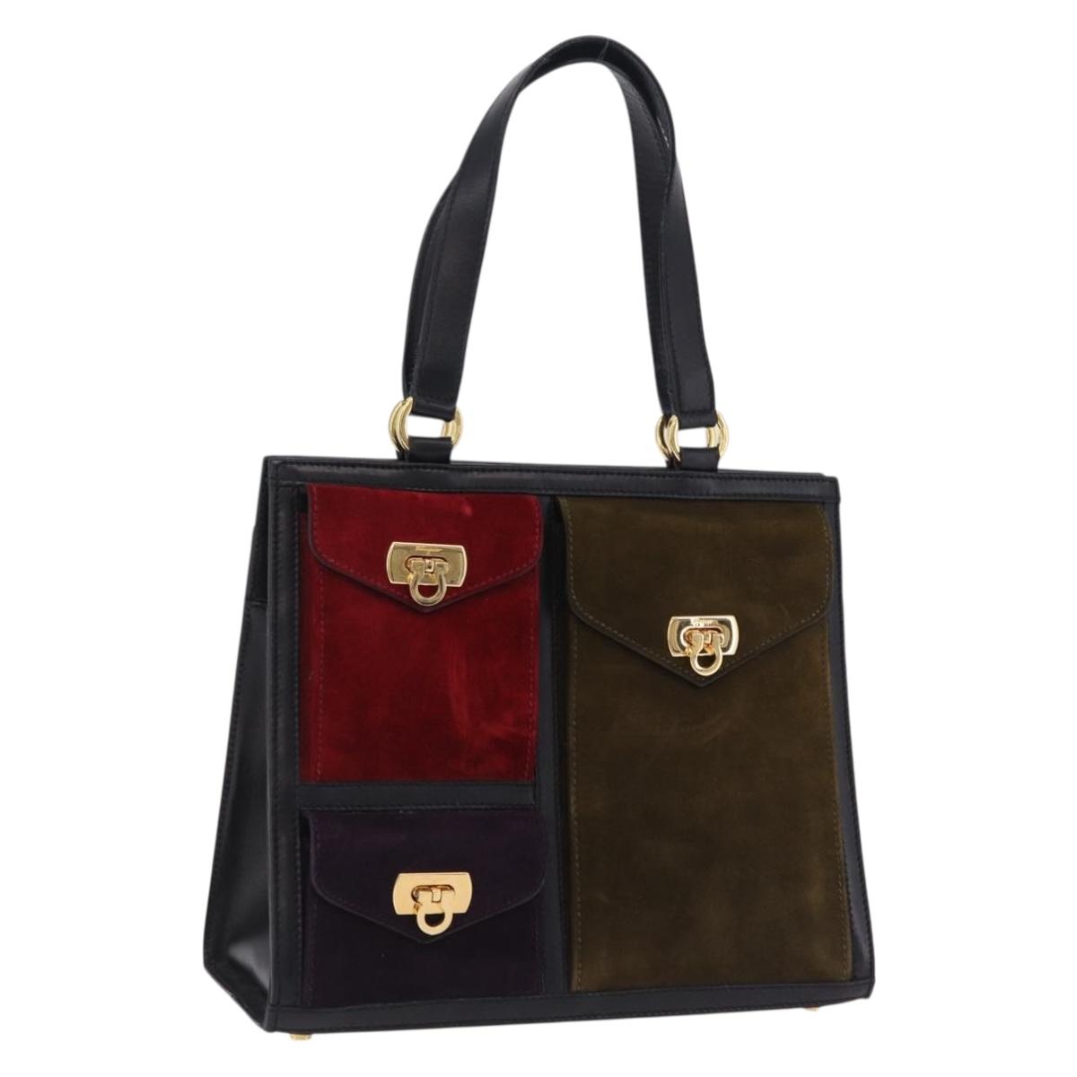 Salvatore Ferragamo Gancini Hand Bag Suede Black Gold Auth 199179V