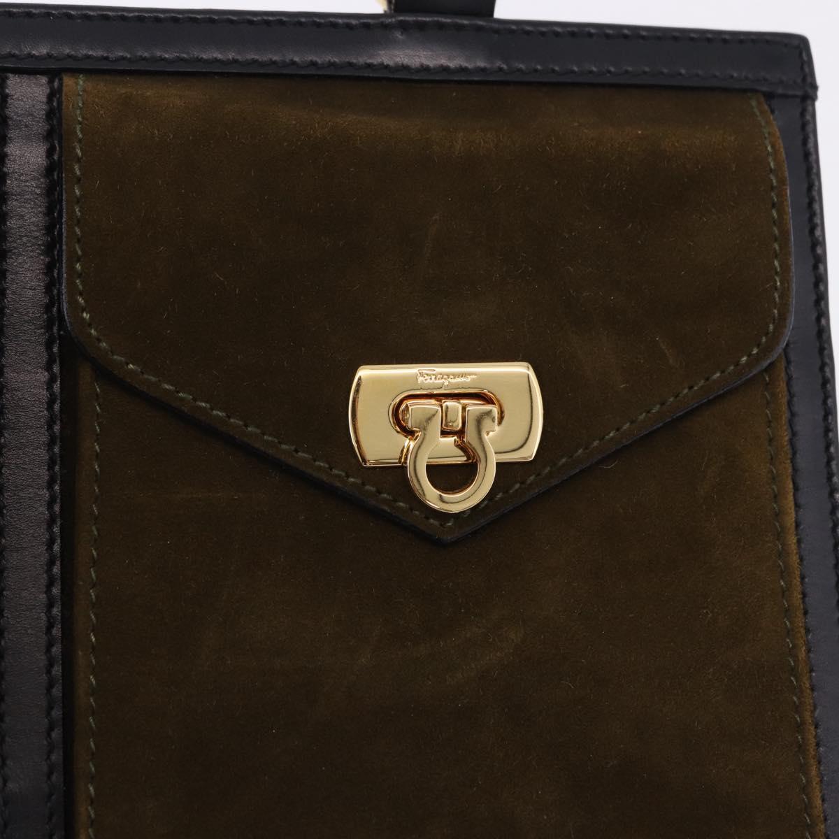 Salvatore Ferragamo Gancini Hand Bag Suede Black Gold Auth 199179V
