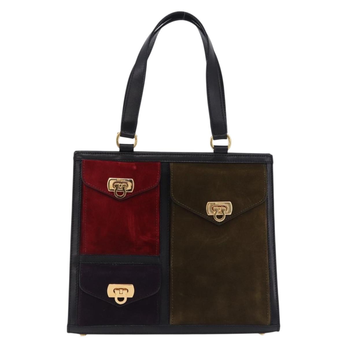 Salvatore Ferragamo Gancini Hand Bag Suede Black Gold Auth 199179V