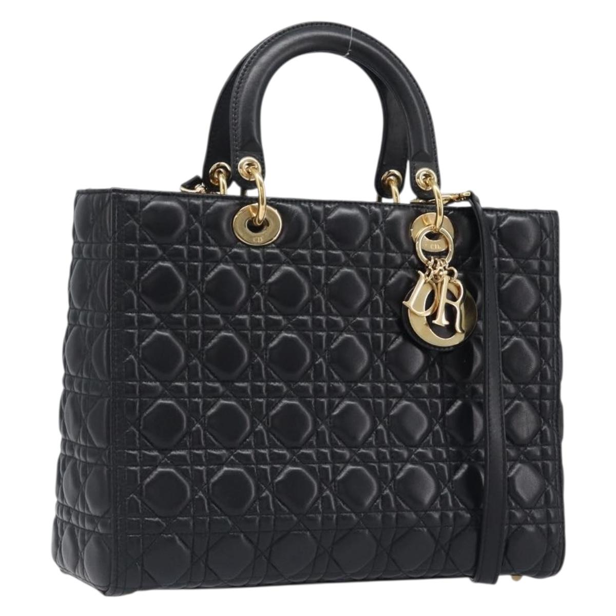 Christian Dior Lady Dior Canage Hand Bag Lamb Skin 2way Black Gold Auth 199180M