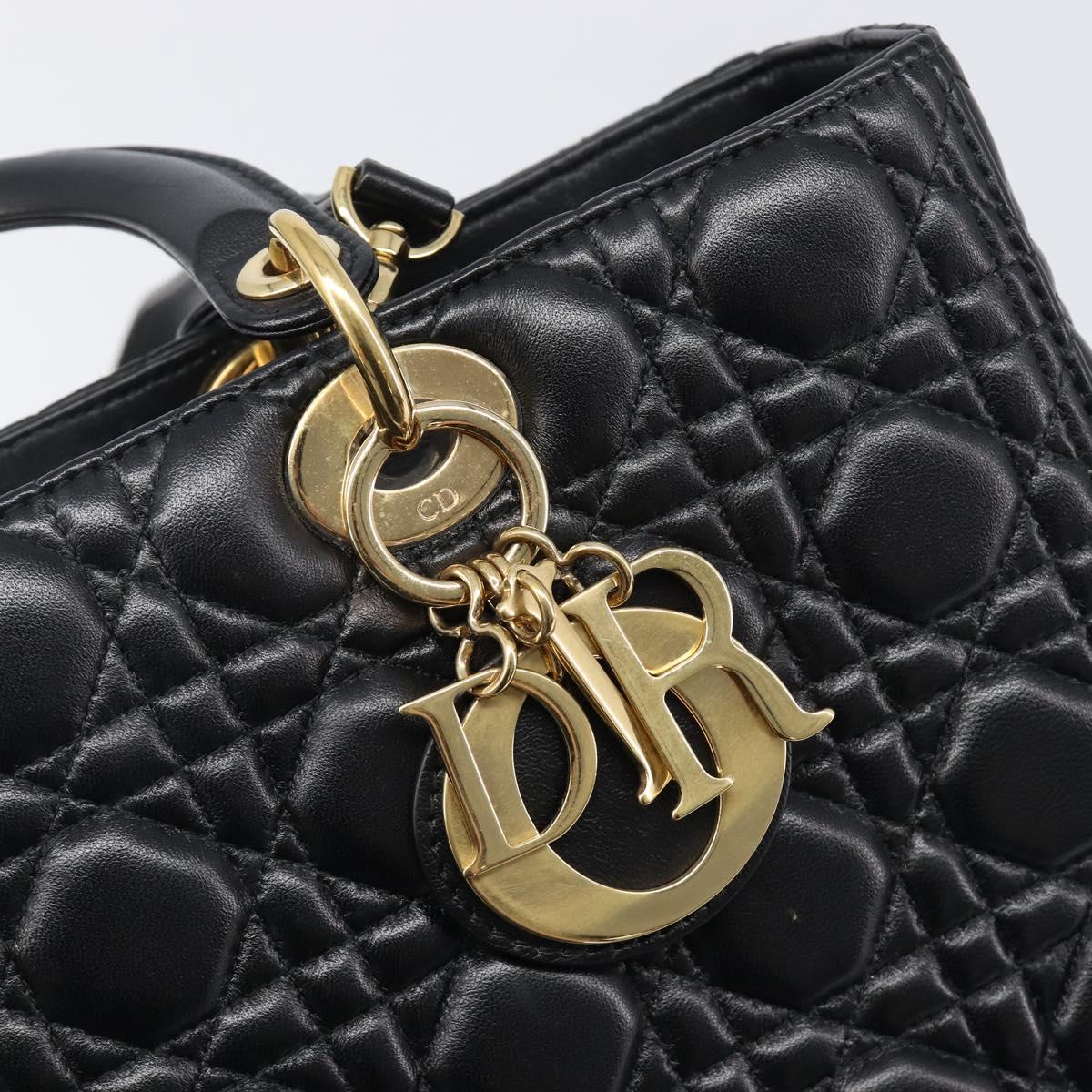 Christian Dior Lady Dior Canage Hand Bag Lamb Skin 2way Black Gold Auth 199180M