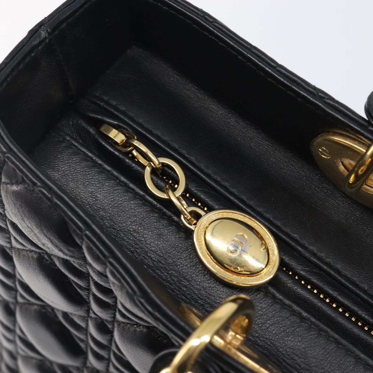 Christian Dior Lady Dior Canage Hand Bag Lamb Skin 2way Black Gold Auth 199180M