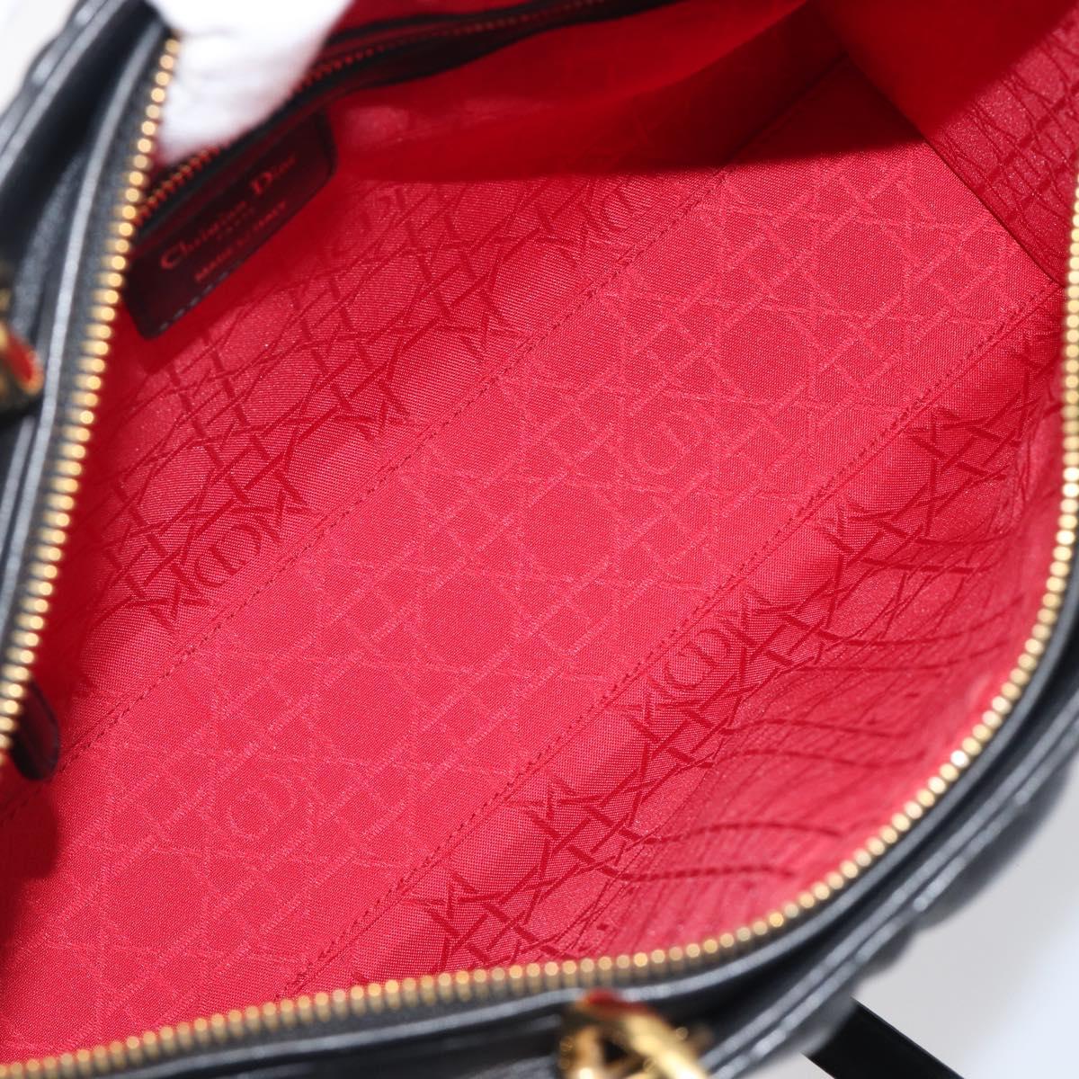 Christian Dior Lady Dior Canage Hand Bag Lamb Skin 2way Black Gold Auth 199180M