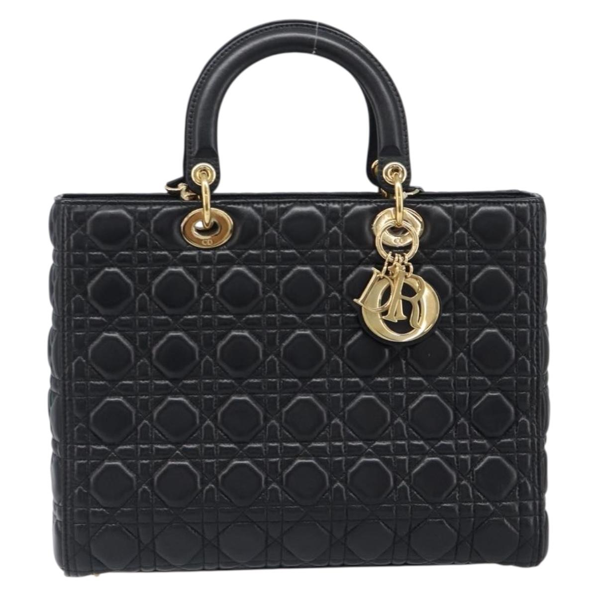 Christian Dior Lady Dior Canage Hand Bag Lamb Skin 2way Black Gold Auth 199180M