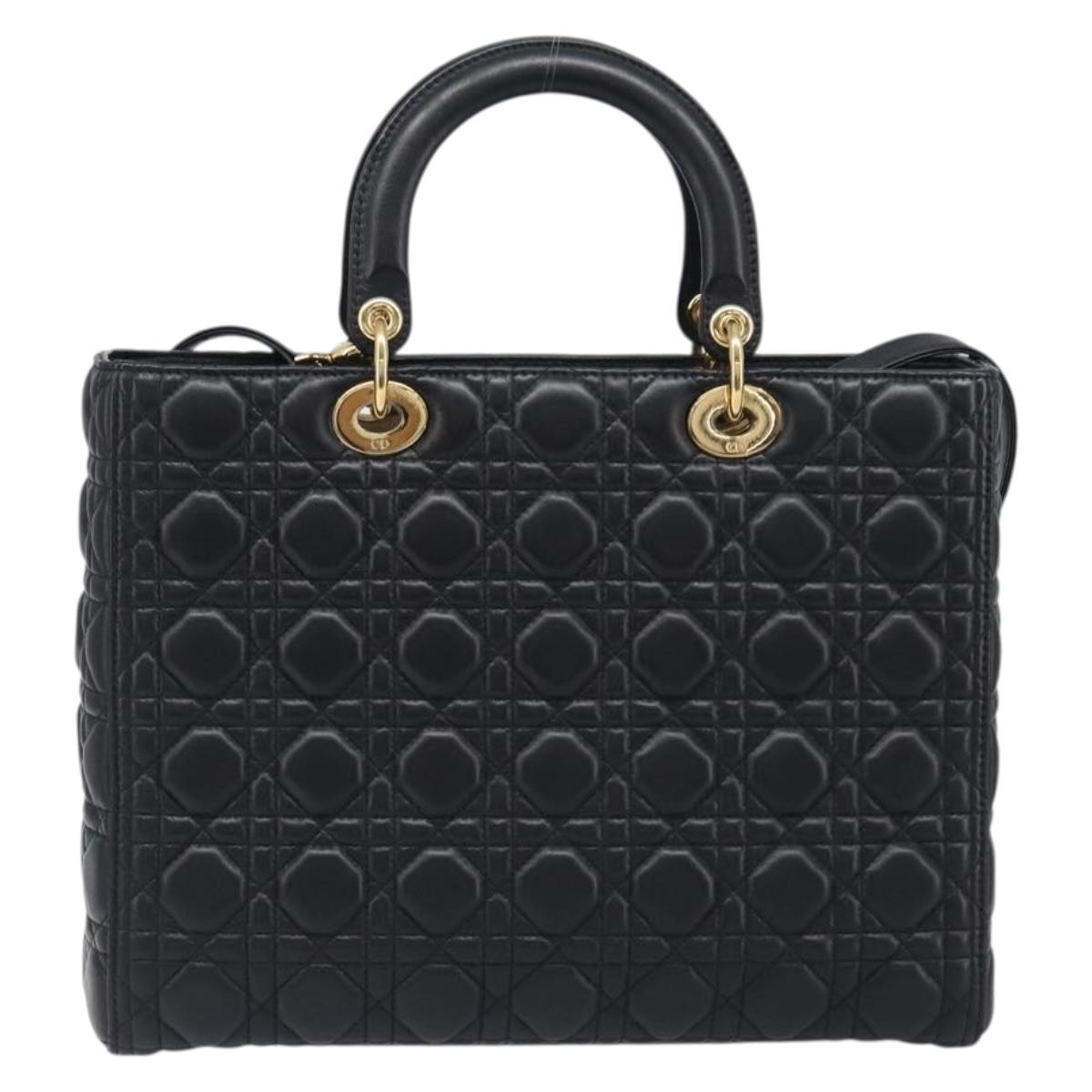Christian Dior Lady Dior Canage Hand Bag Lamb Skin 2way Black Gold Auth 199180M