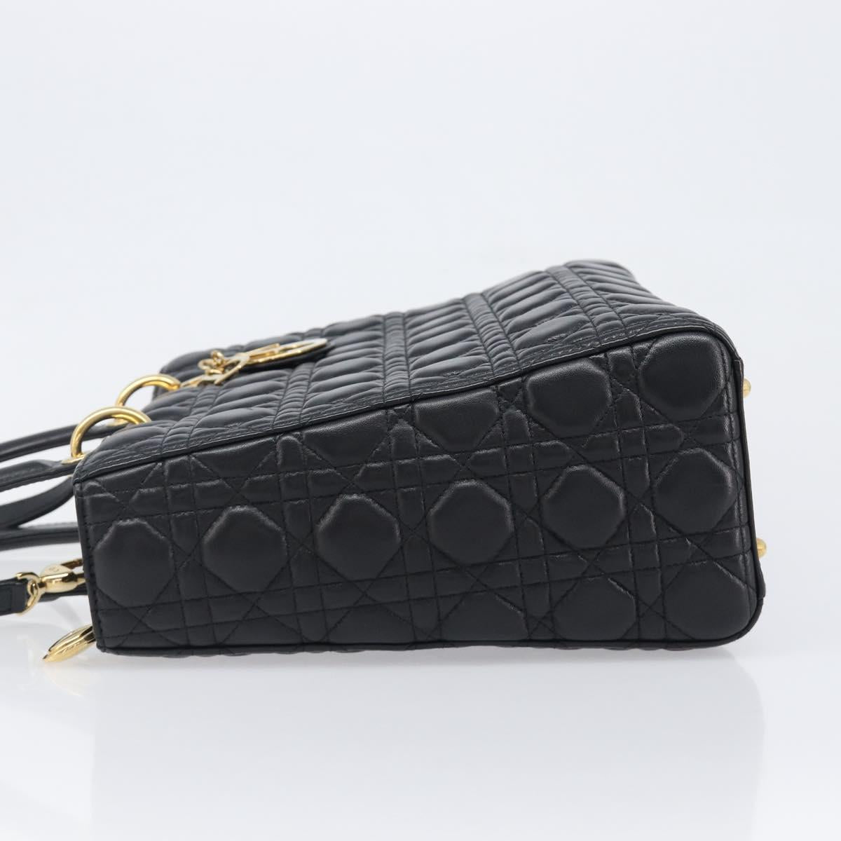 Christian Dior Lady Dior Canage Hand Bag Lamb Skin 2way Black Gold Auth 199180M