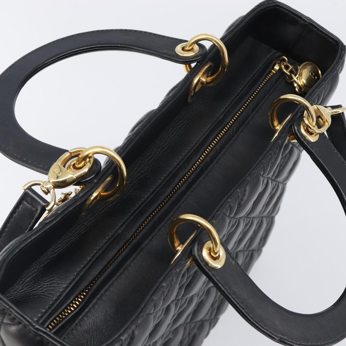 Christian Dior Lady Dior Canage Hand Bag Lamb Skin 2way Black Gold Auth 199180M