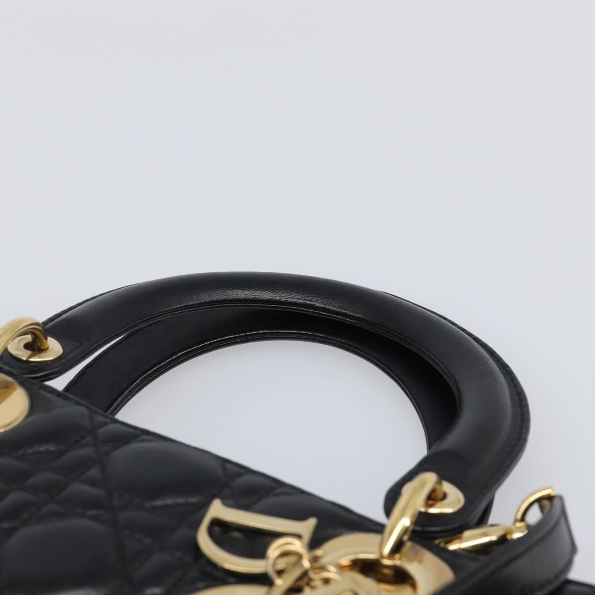 Christian Dior Lady Dior Canage Hand Bag Lamb Skin 2way Black Gold Auth 199180M
