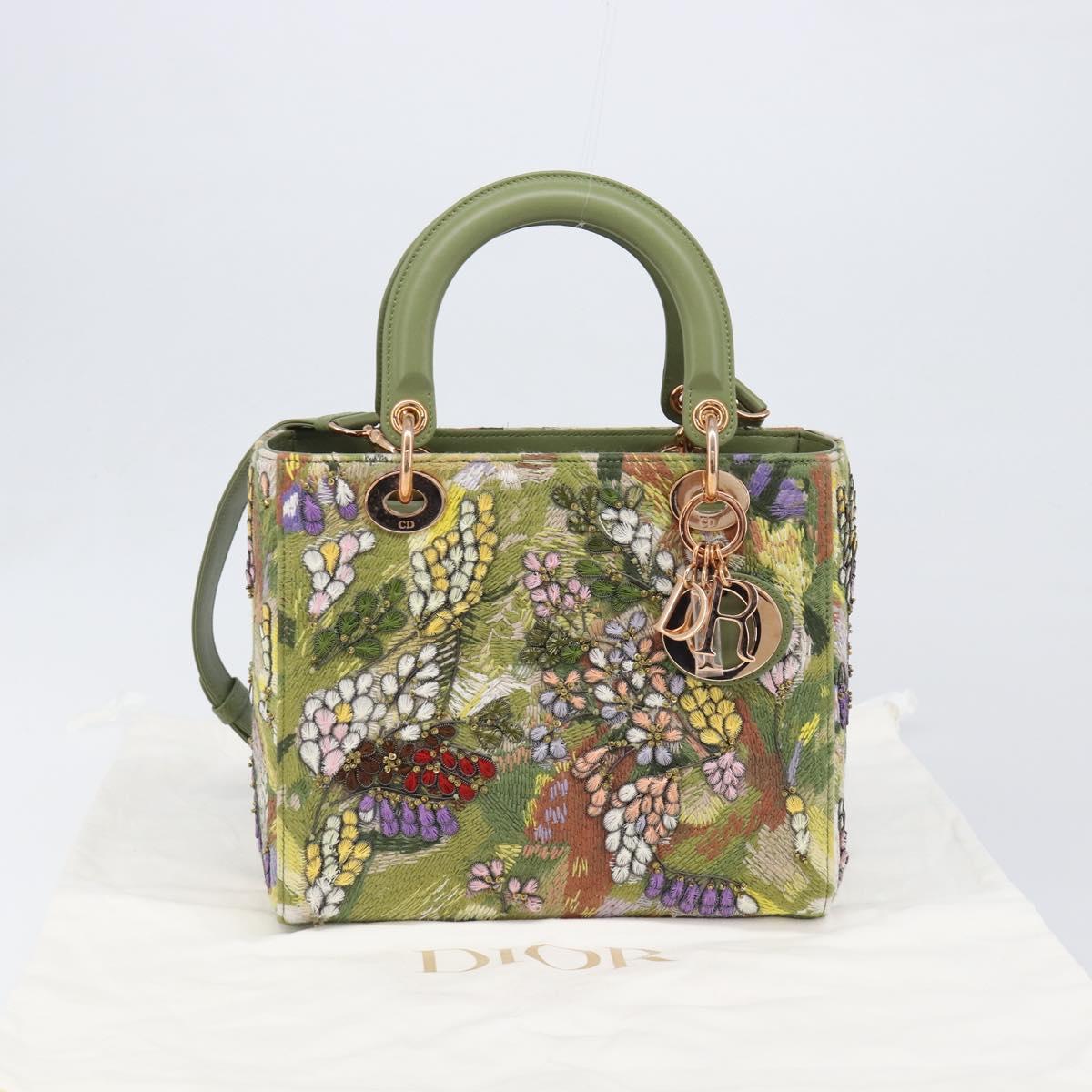 Christian Dior Lady Dior Hand Bag Beads 2way Green Gold Tone Auth 199181SM