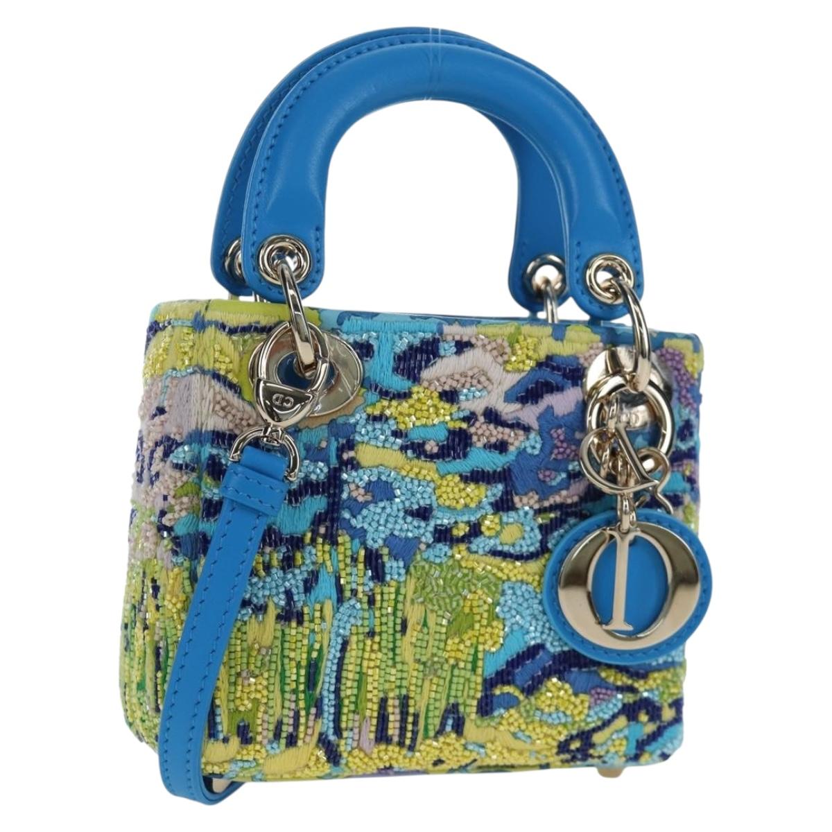 Christian Dior Lady Dior Hand Bag Beads 2way Blue Gold Tone Auth 199182SM