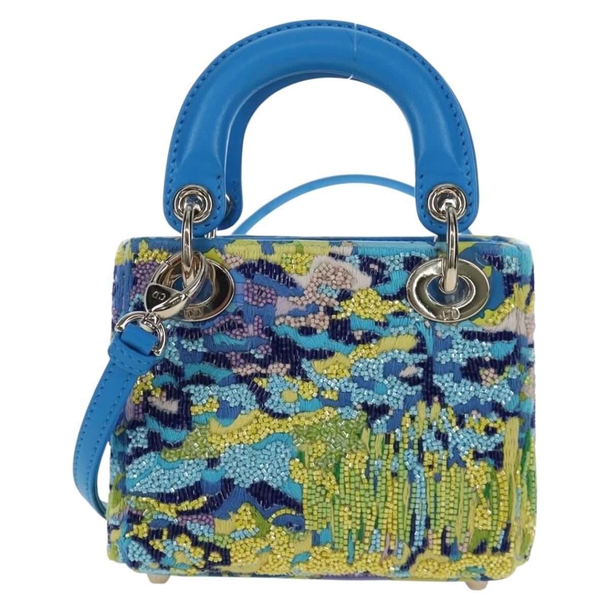 Christian Dior Lady Dior Hand Bag Beads 2way Blue Gold Tone Auth 199182SM